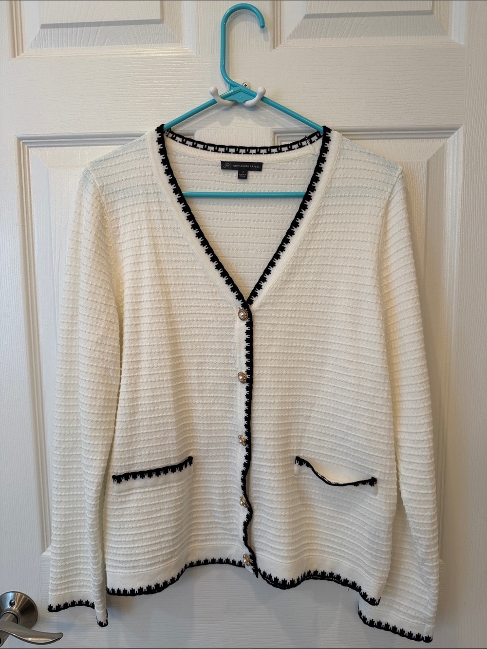 Adrianna Papell Cream Cardigan with Black Trim